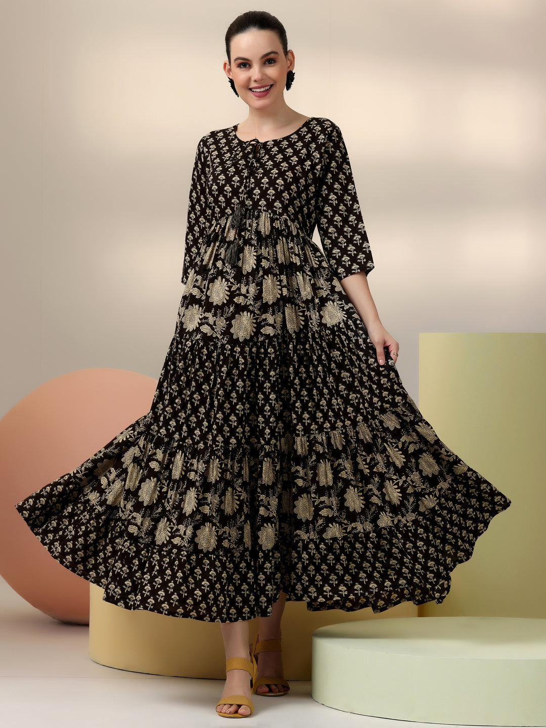  Black Printed Cotton A-Line Dress 