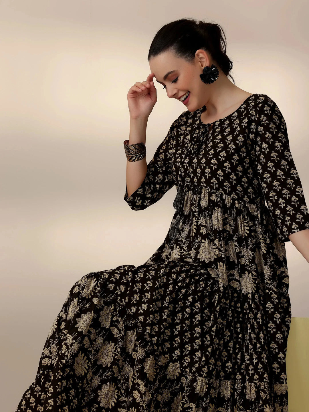  Black Printed Cotton A-Line Dress 