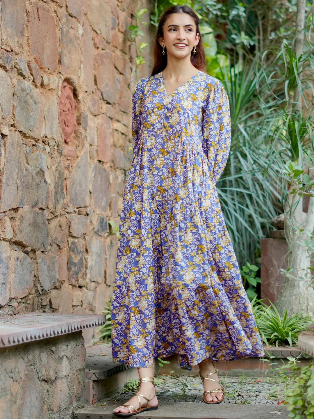  Blue Printed Cotton Fit and Flare Dress 
