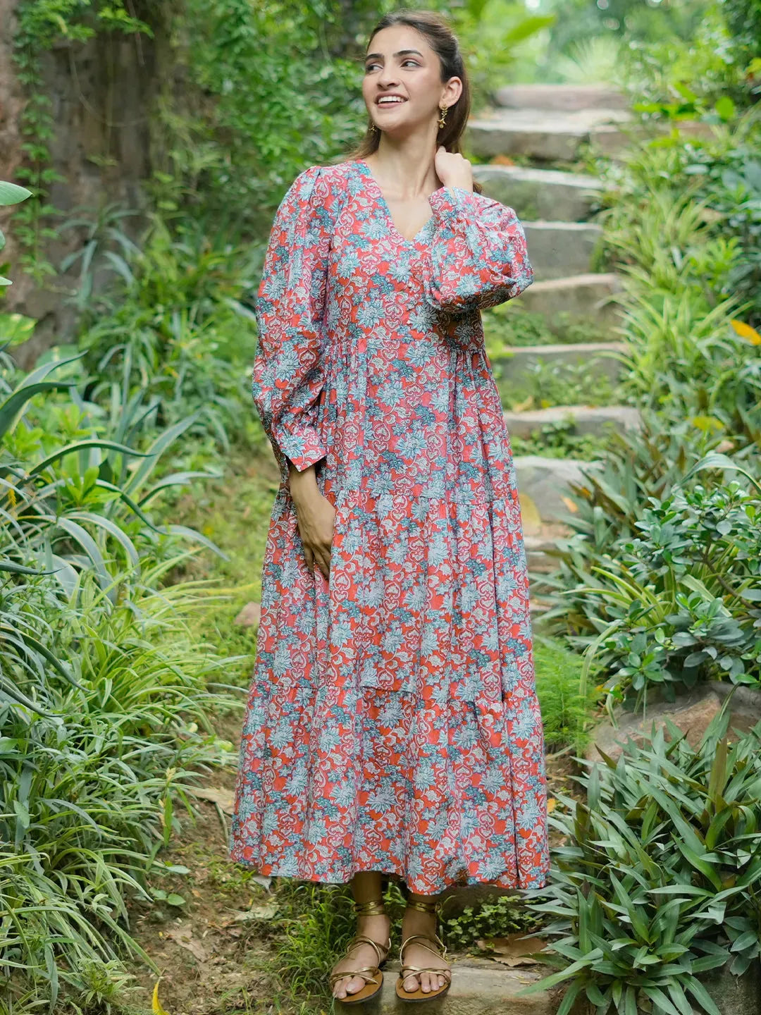  Peach Printed Cotton Fit and Flare Dress 
