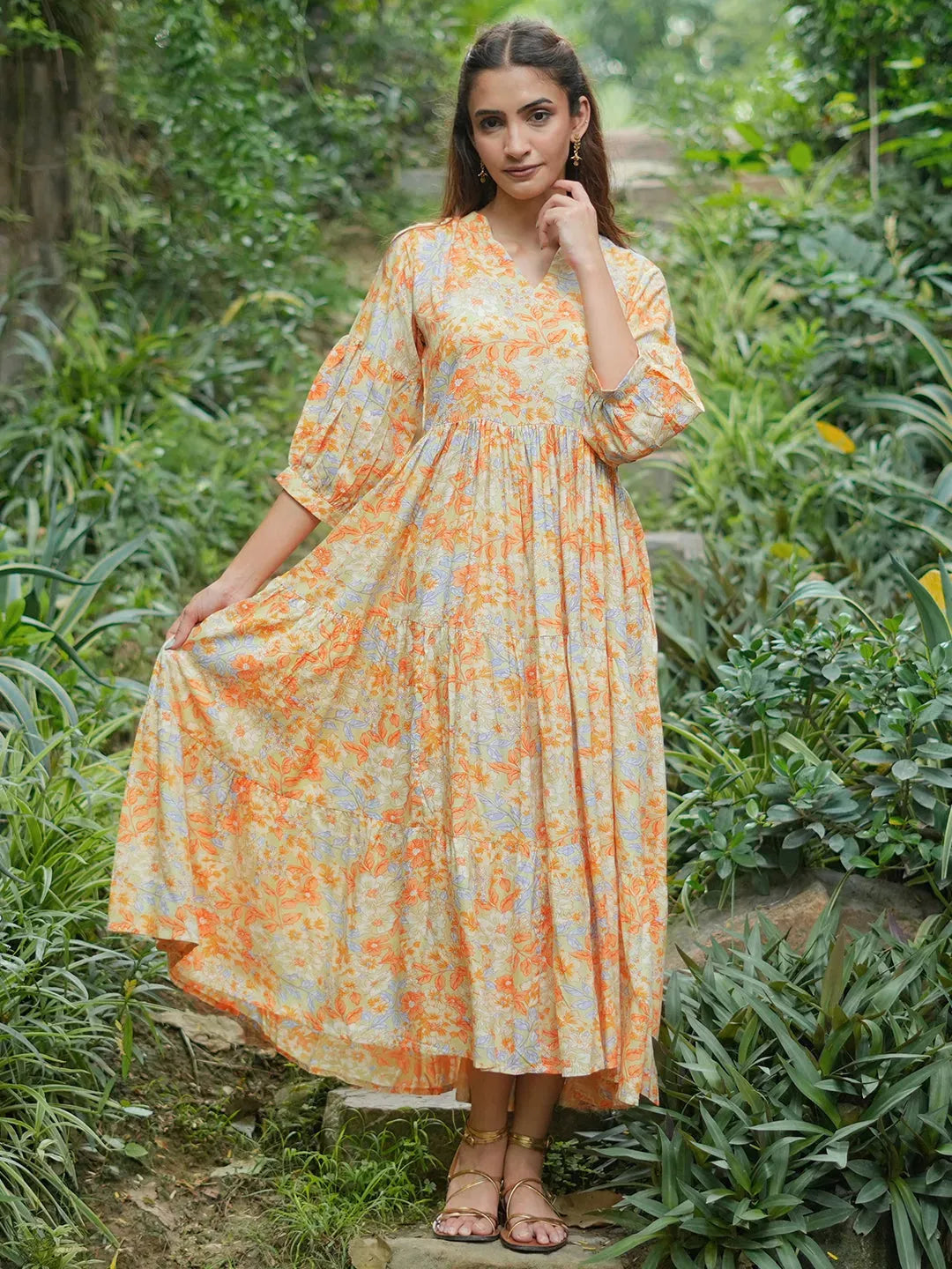 Yellow Printed Rayon Fit and Flare Dress 