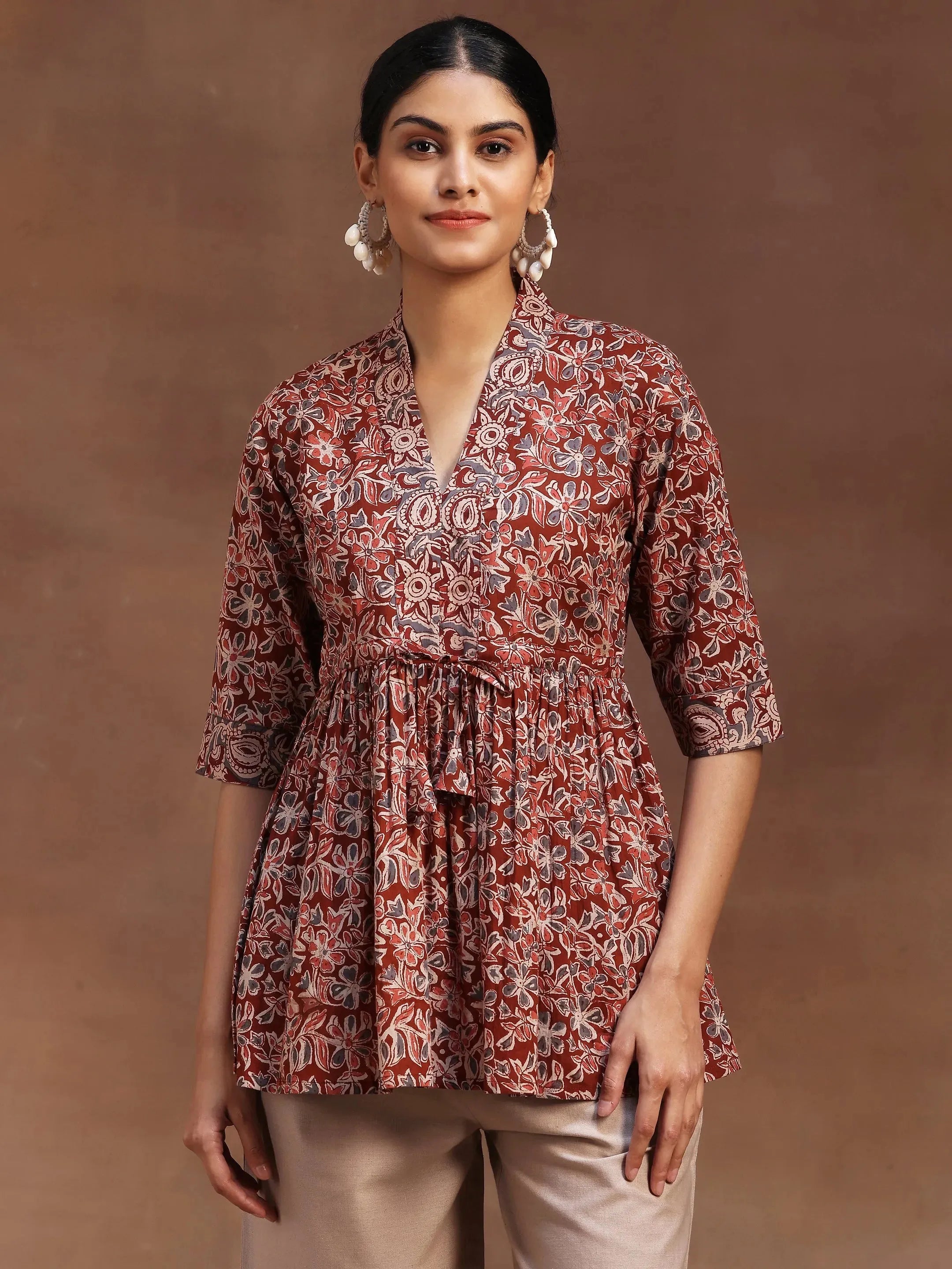 Rust Printed Cotton A-Line Kurti-image-25