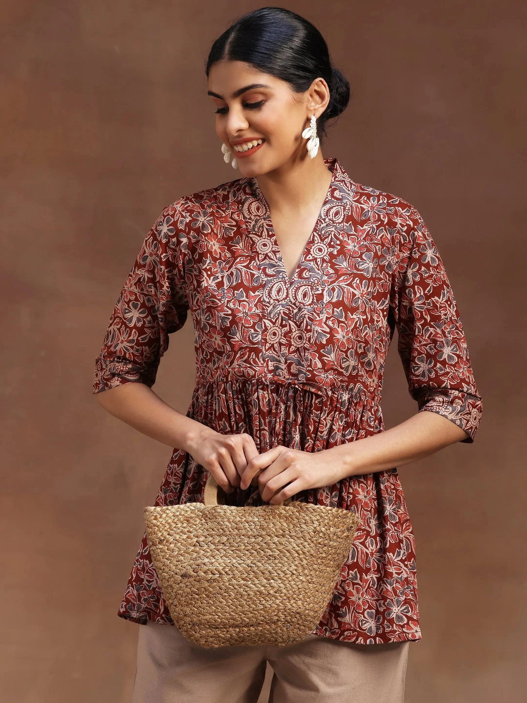  Rust Printed Cotton A-Line Kurti 