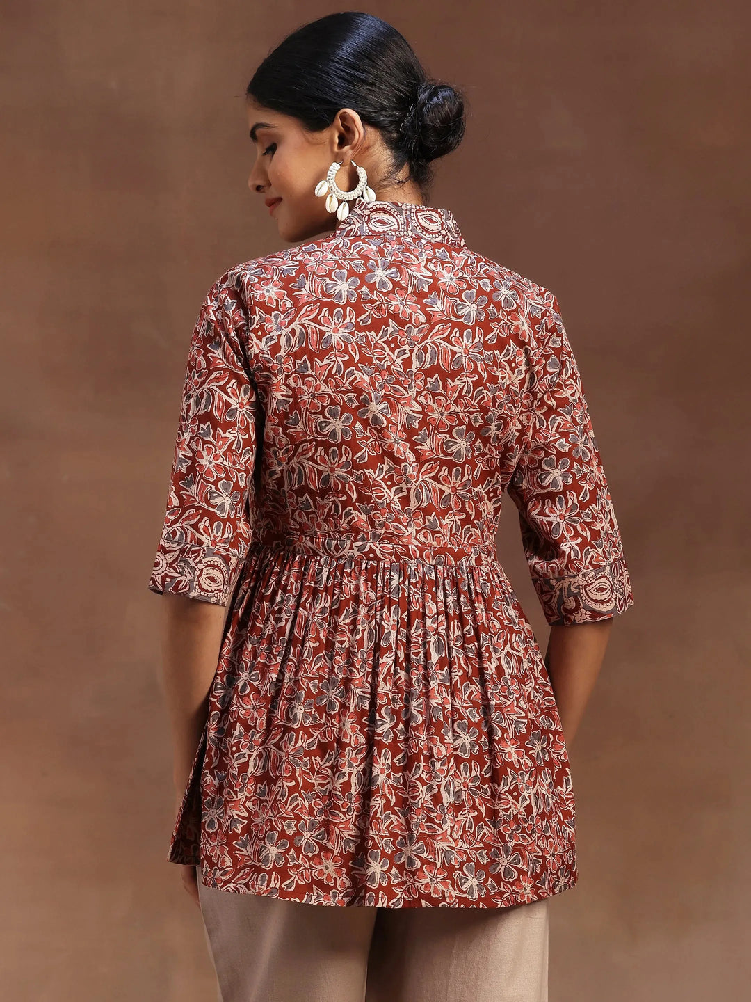  Rust Printed Cotton A-Line Kurti 