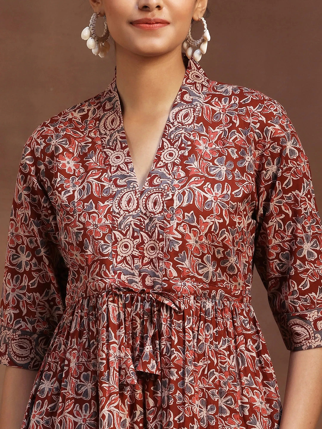  Rust Printed Cotton A-Line Kurti 