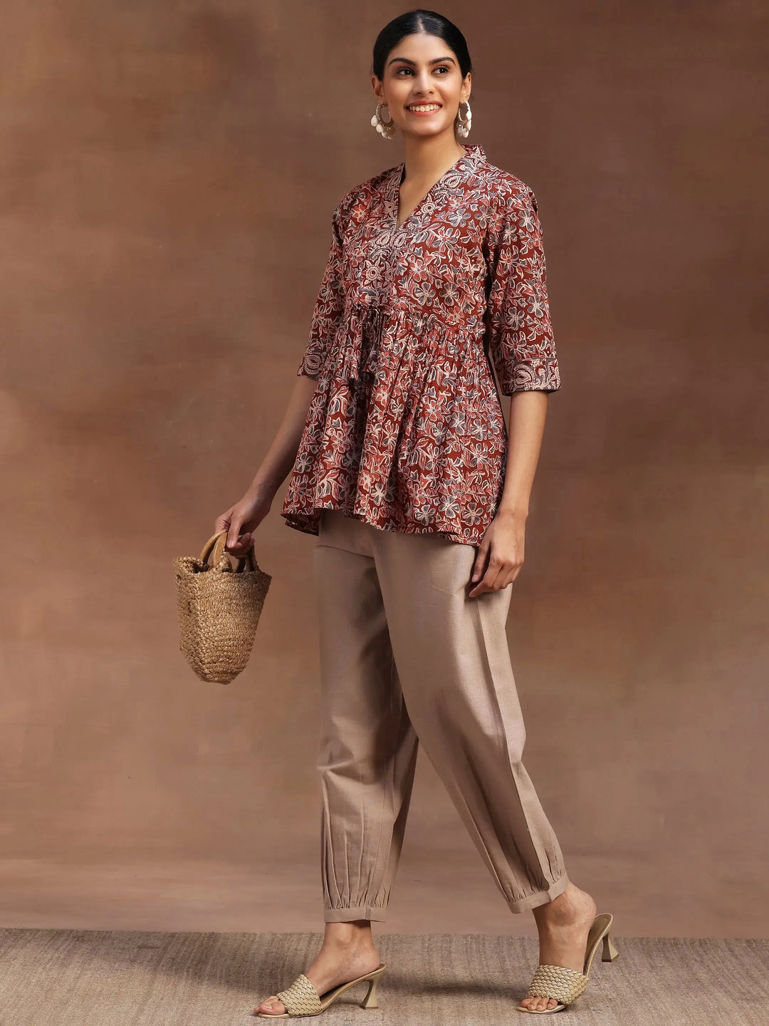  Rust Printed Cotton A-Line Kurti 
