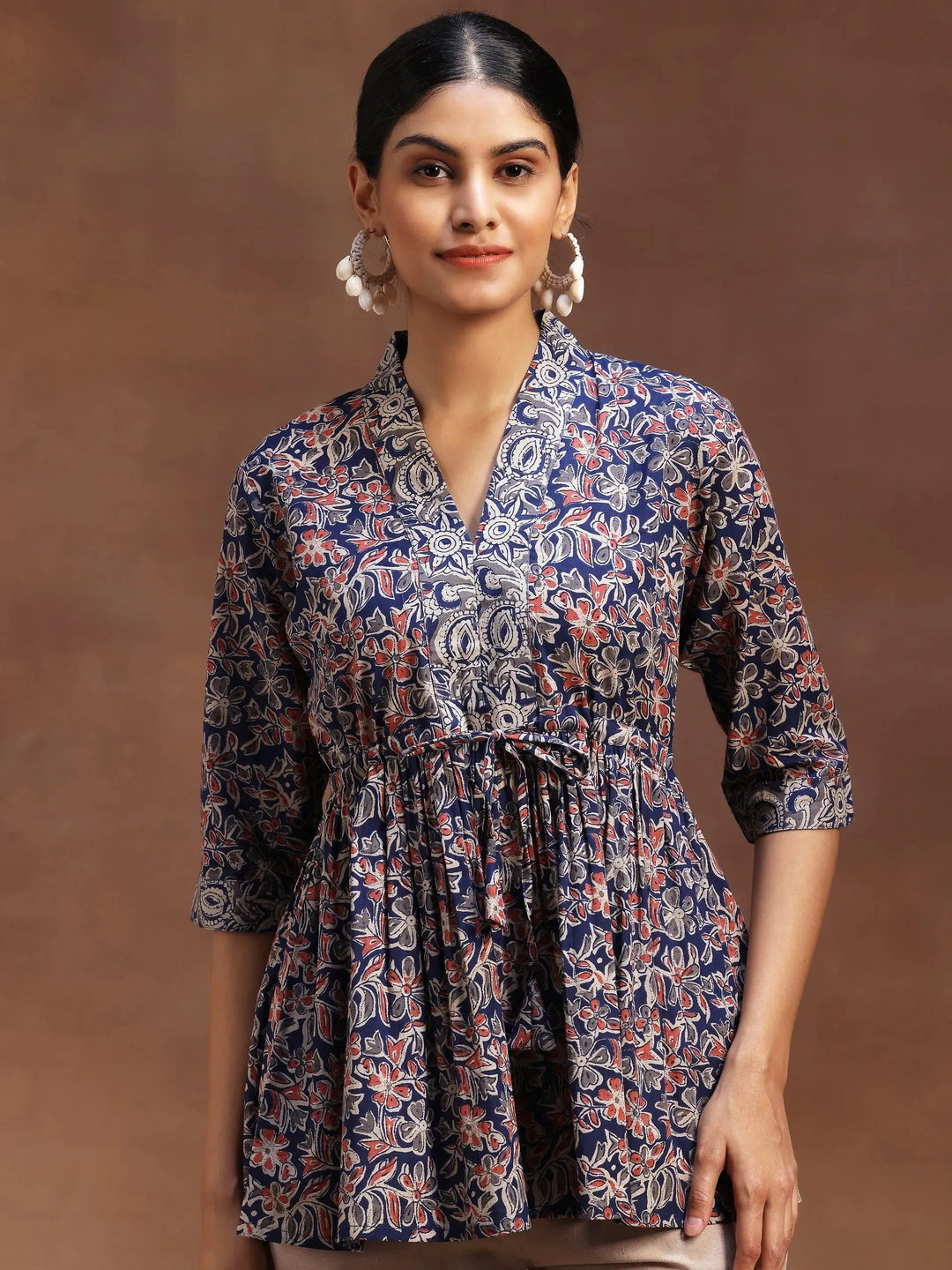  Blue Printed Cotton A-Line Kurti 
