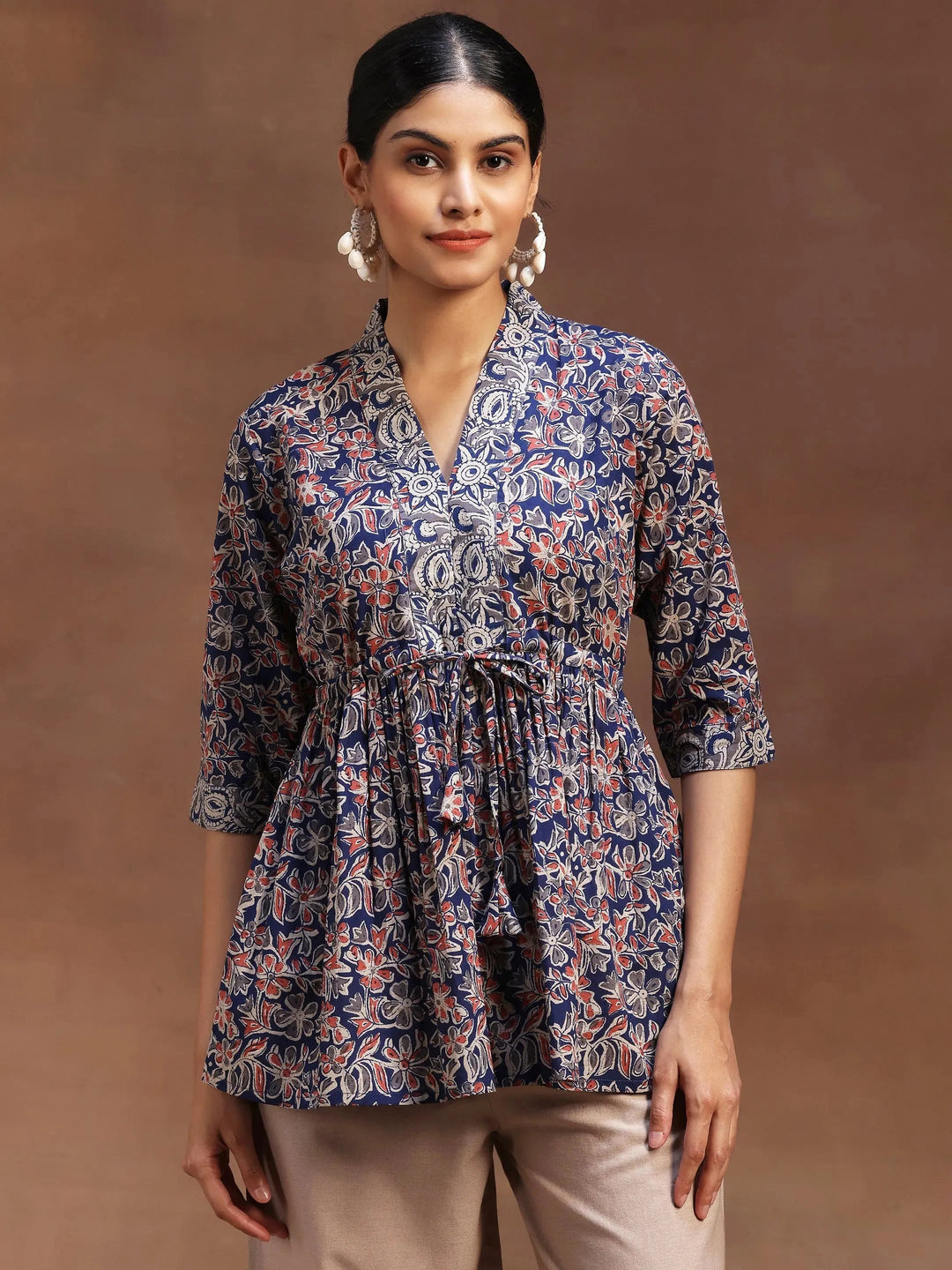  Blue Printed Cotton A-Line Kurti 