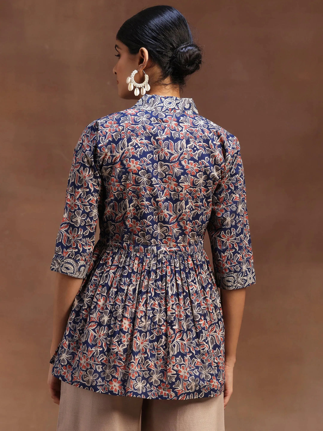  Blue Printed Cotton A-Line Kurti 