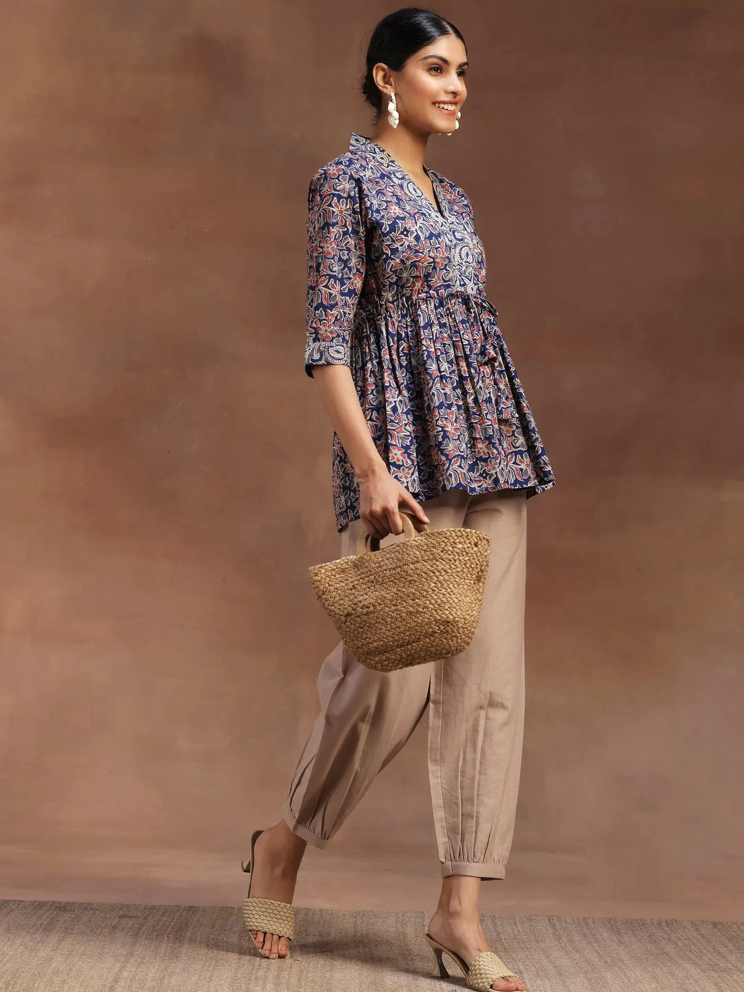  Blue Printed Cotton A-Line Kurti 