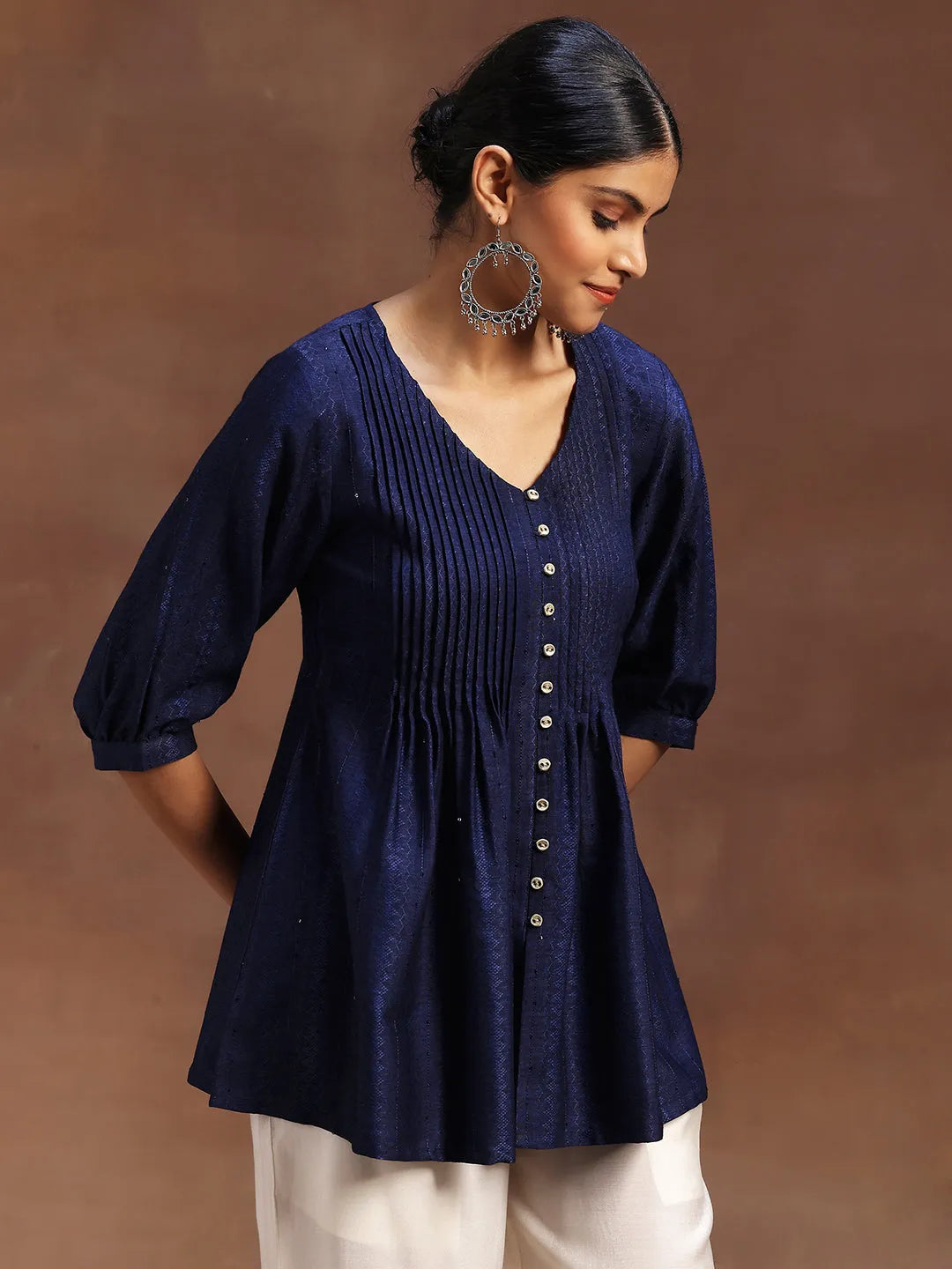  Blue Woven Design Silk Blend A-Line Kurti 