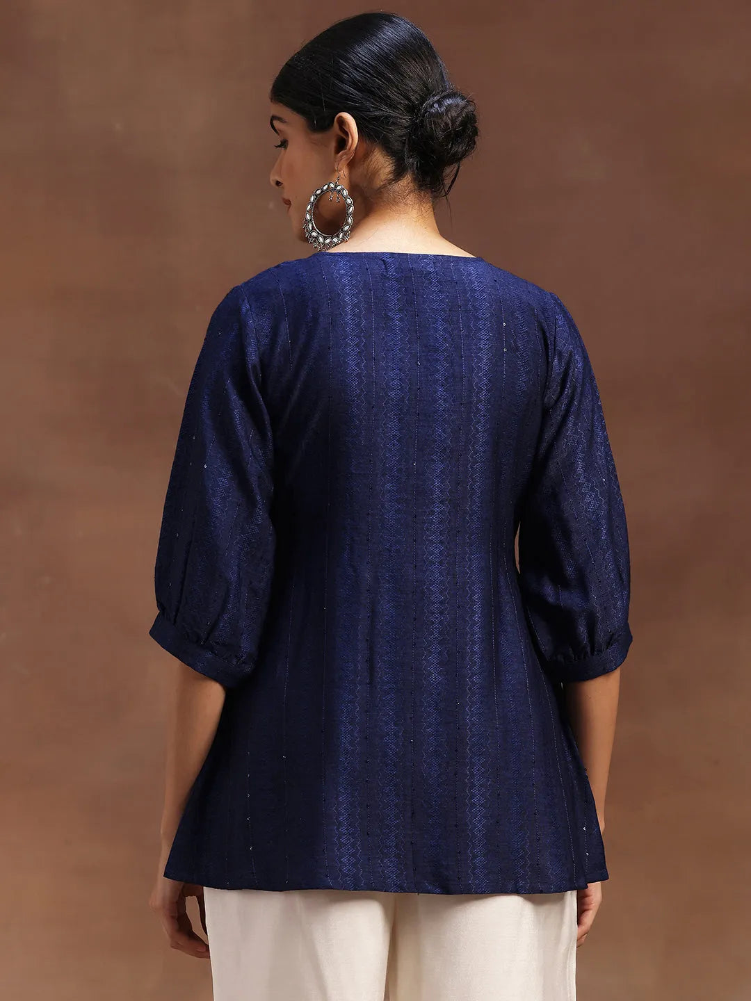  Blue Woven Design Silk Blend A-Line Kurti 