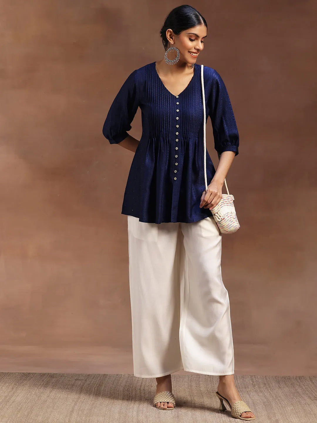  Blue Woven Design Silk Blend A-Line Kurti 