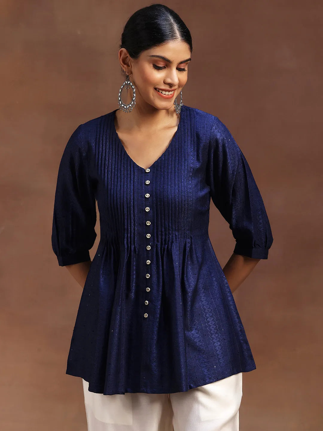  Blue Woven Design Silk Blend A-Line Kurti 