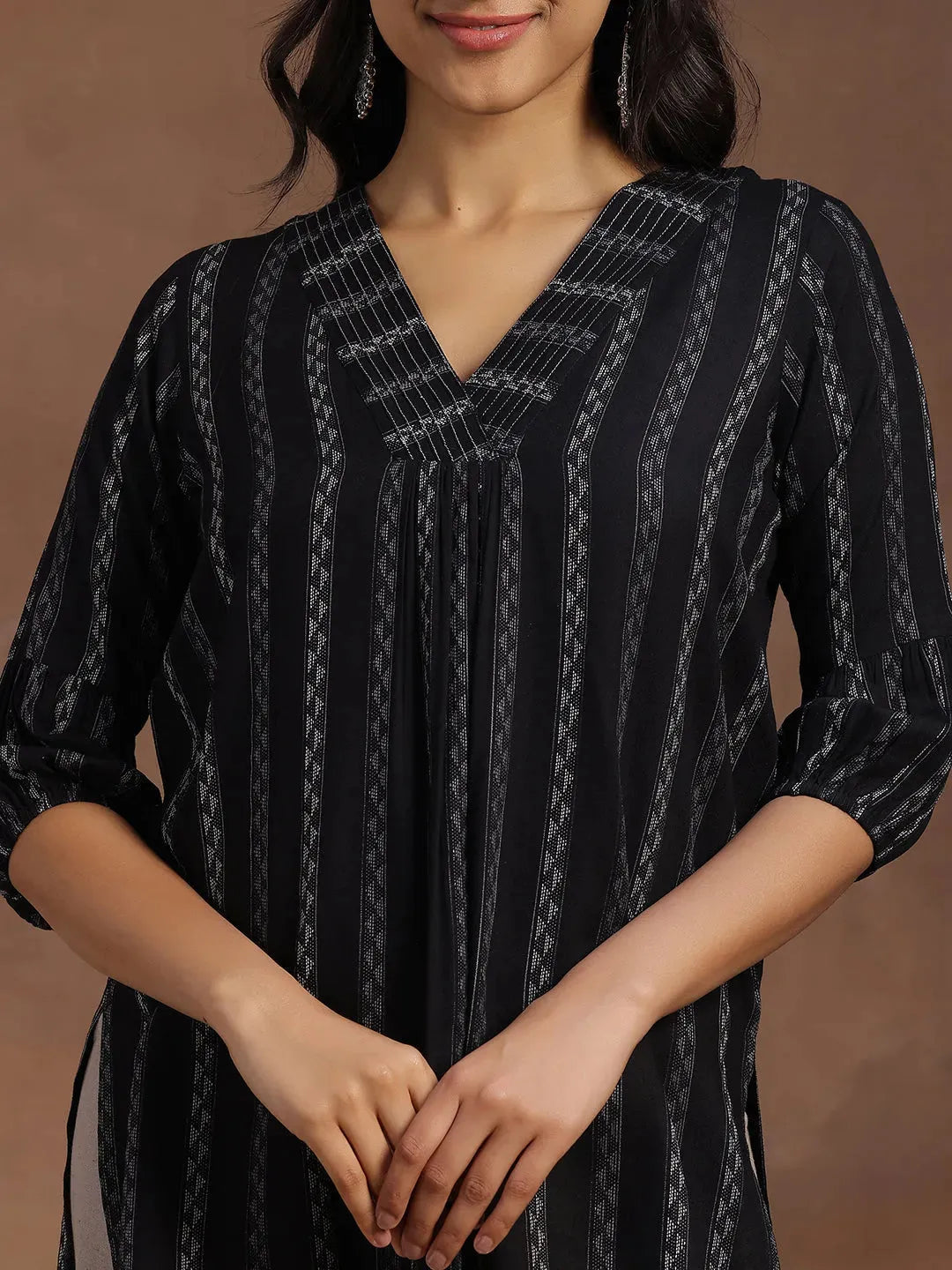  Black Woven Design Silk Blend Straight Kurti 