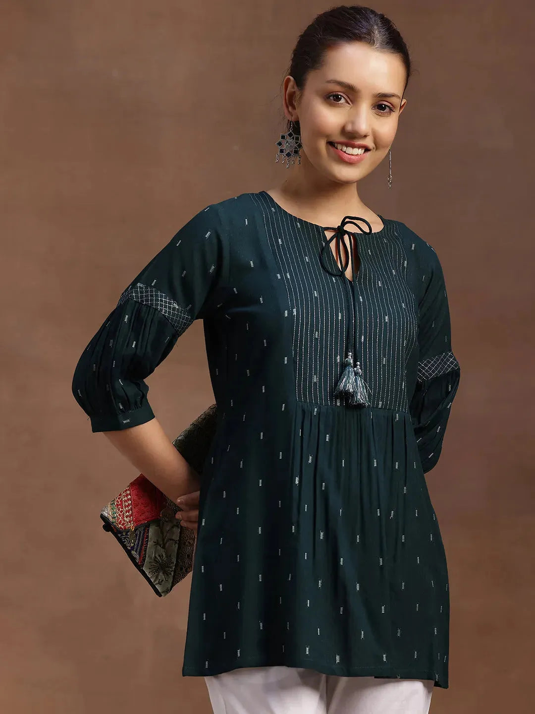 libas Green Woven Design Rayon A-Line Kurti-picture-18