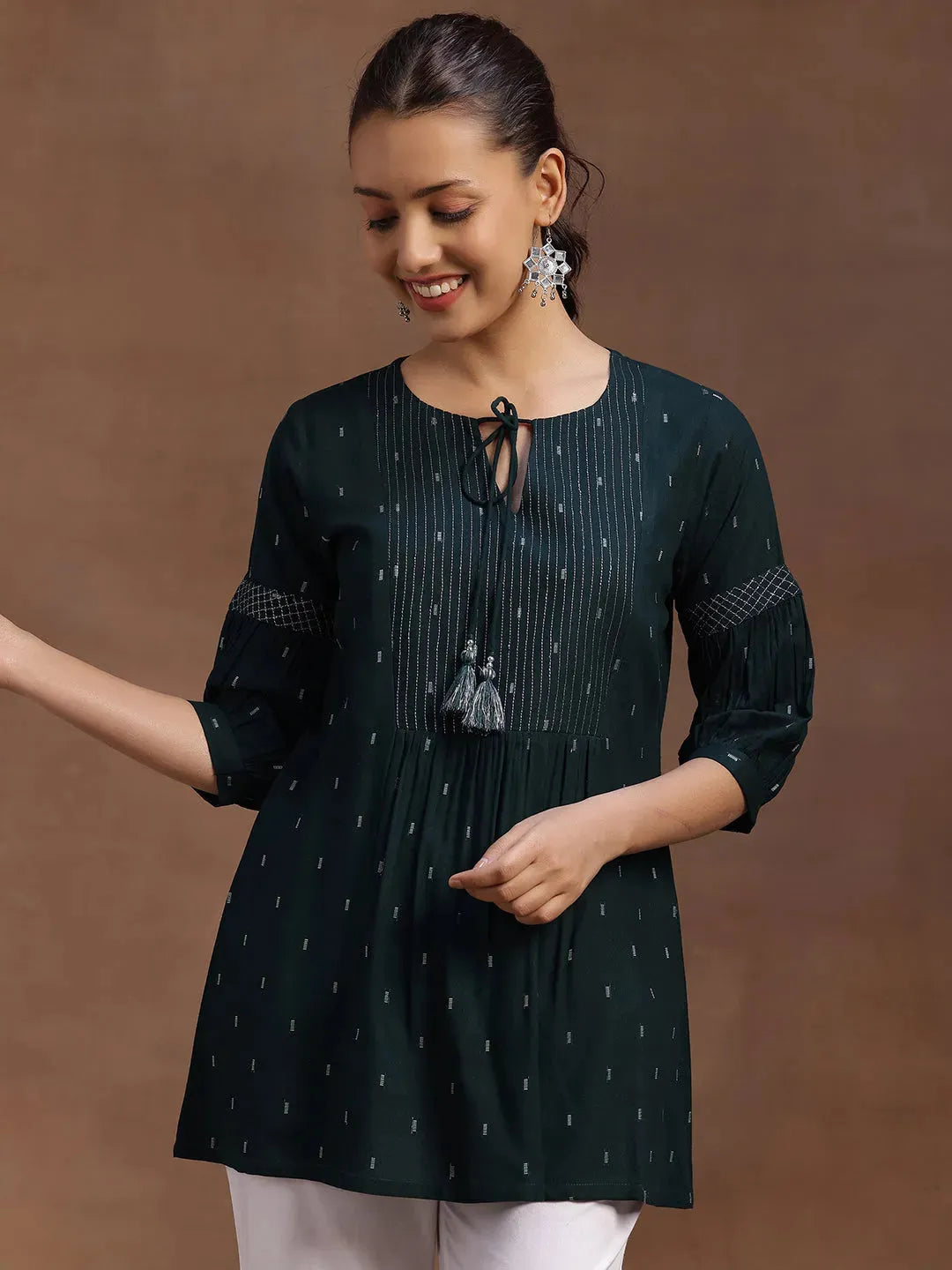  Green Woven Design Rayon A-Line Kurti 