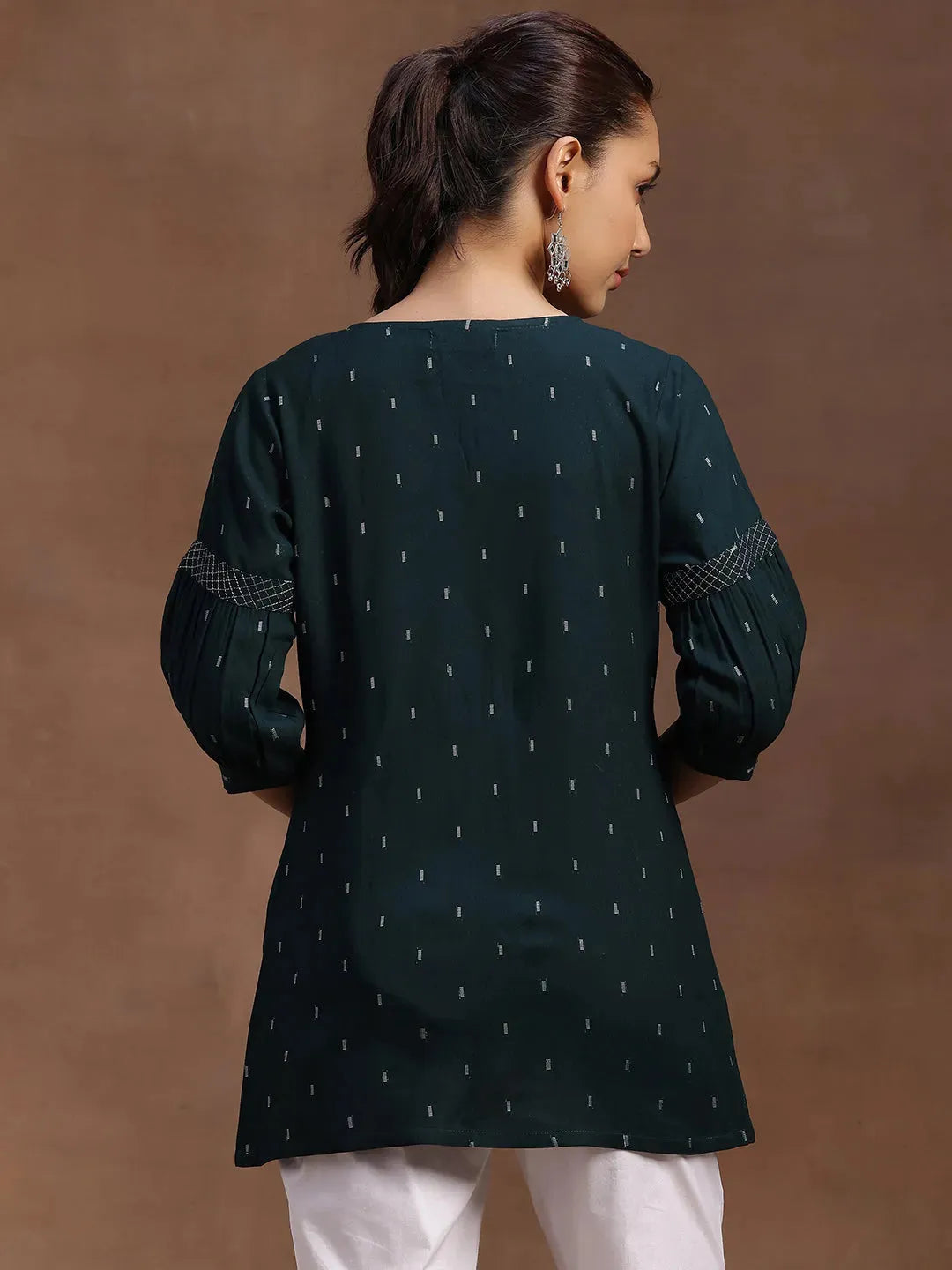  Green Woven Design Rayon A-Line Kurti 