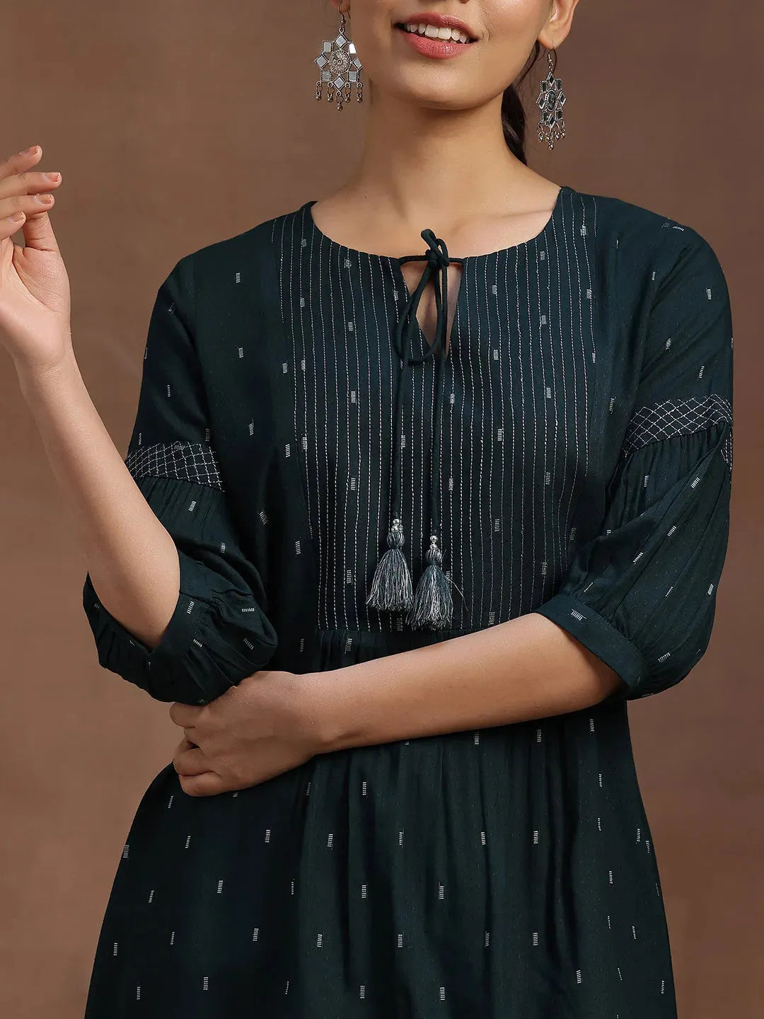  Green Woven Design Rayon A-Line Kurti 