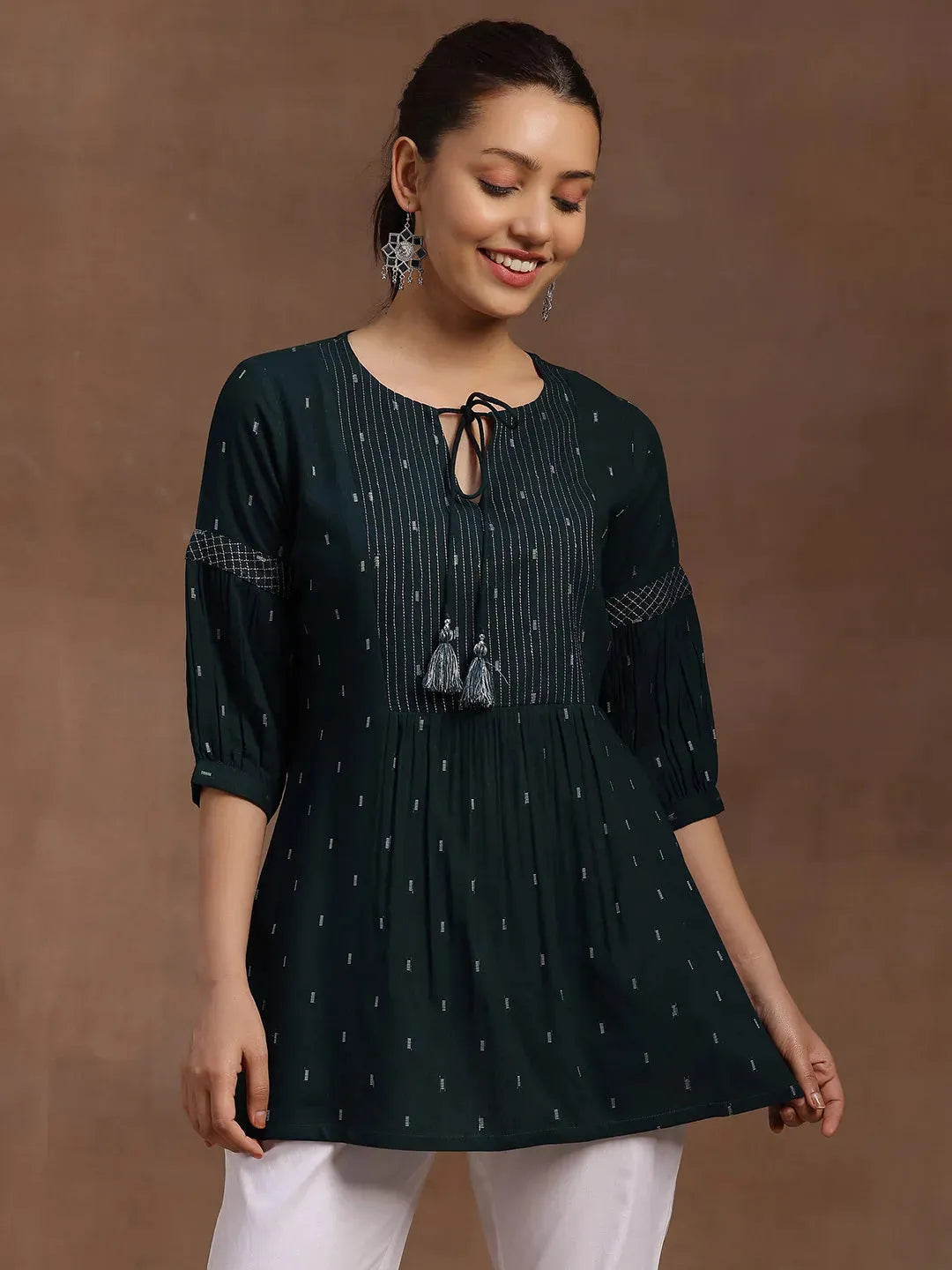  Green Woven Design Rayon A-Line Kurti 