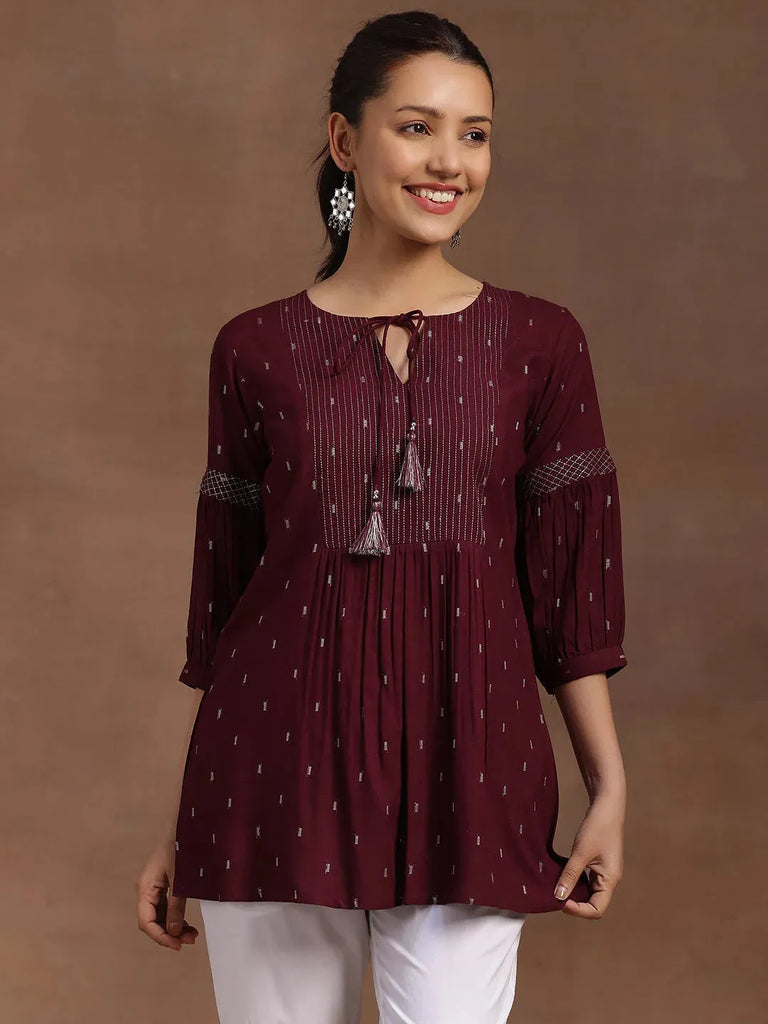 Libas Wine Woven Design Rayon A-Line Kurti