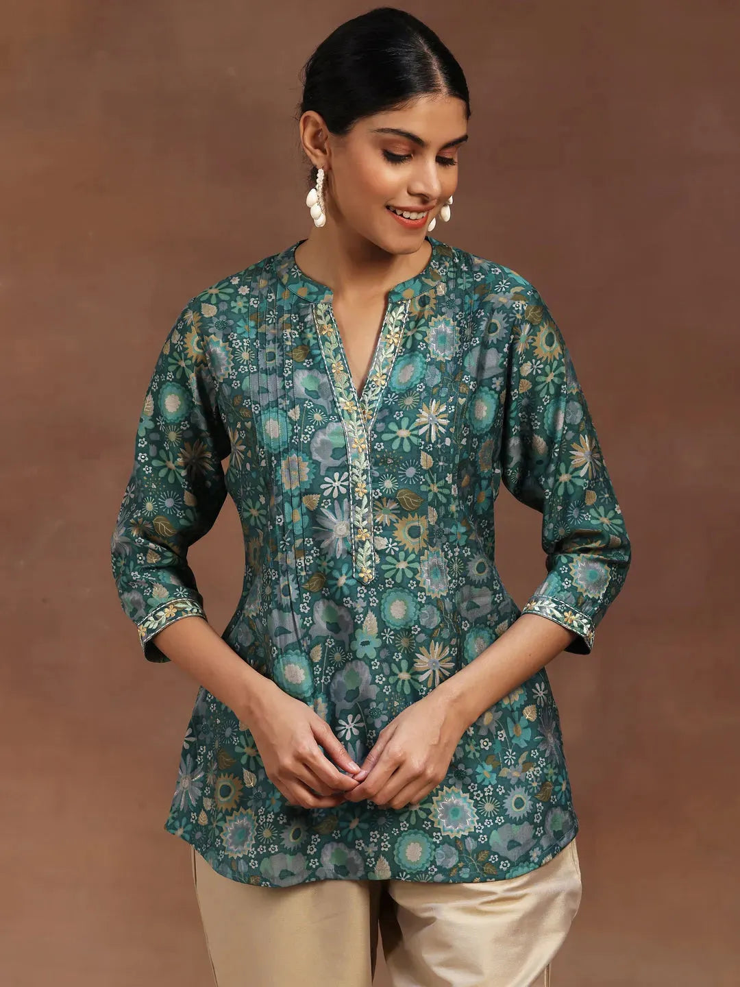 libas Green Printed Silk Blend A-Line Kurti-picture-34