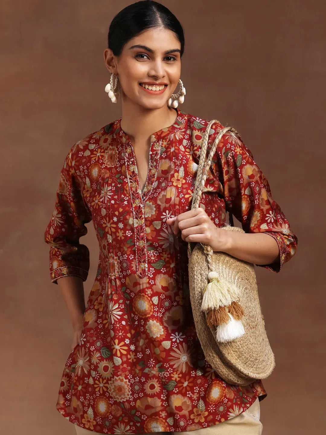  Red Printed Silk Blend A-Line Kurti 