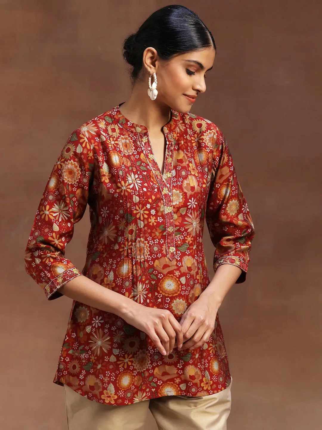  Red Printed Silk Blend A-Line Kurti 