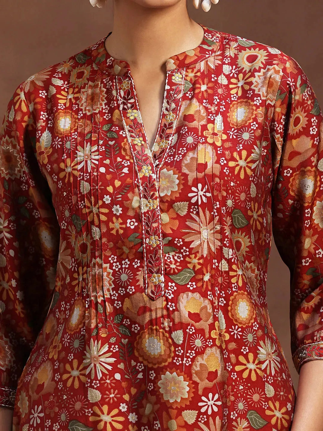  Red Printed Silk Blend A-Line Kurti 