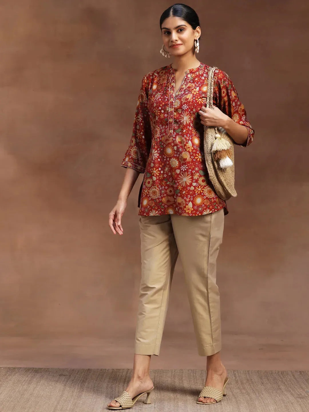  Red Printed Silk Blend A-Line Kurti 