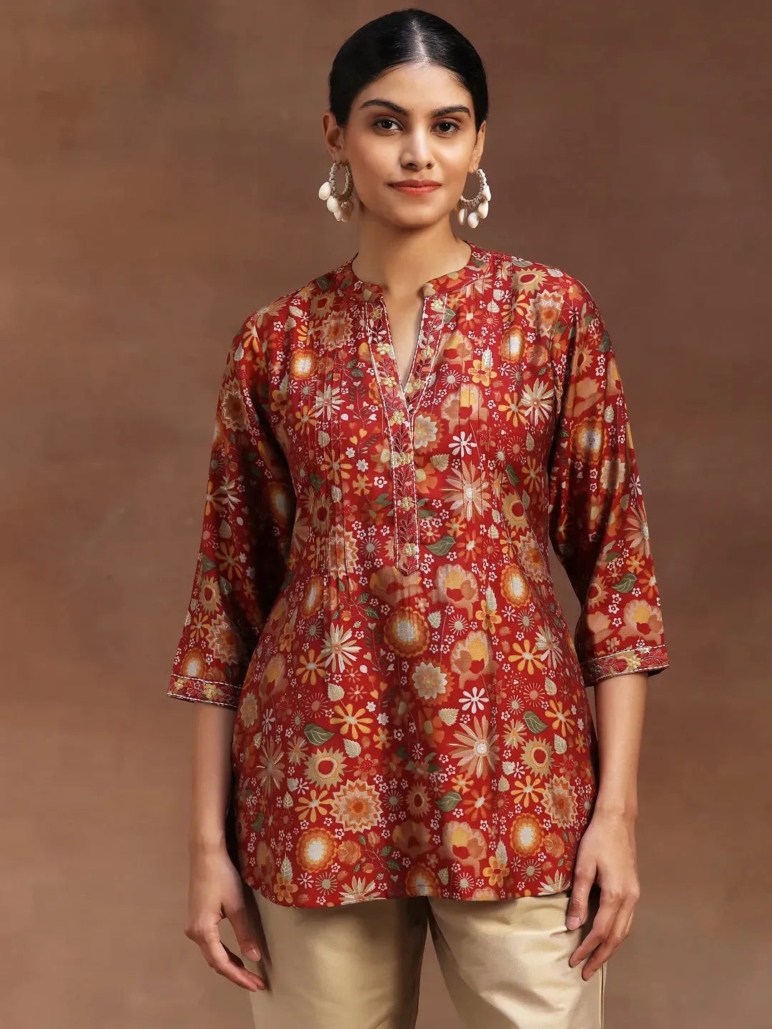  Red Printed Silk Blend A-Line Kurti 
