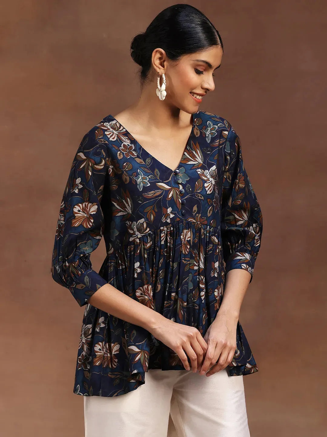  Blue Printed Silk Blend A-Line Kurti 