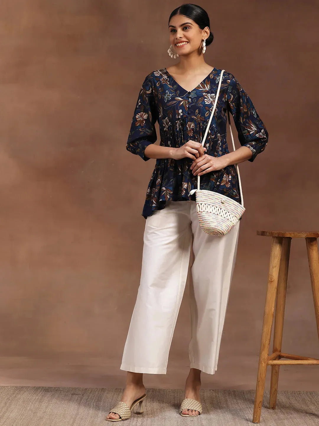  Blue Printed Silk Blend A-Line Kurti 