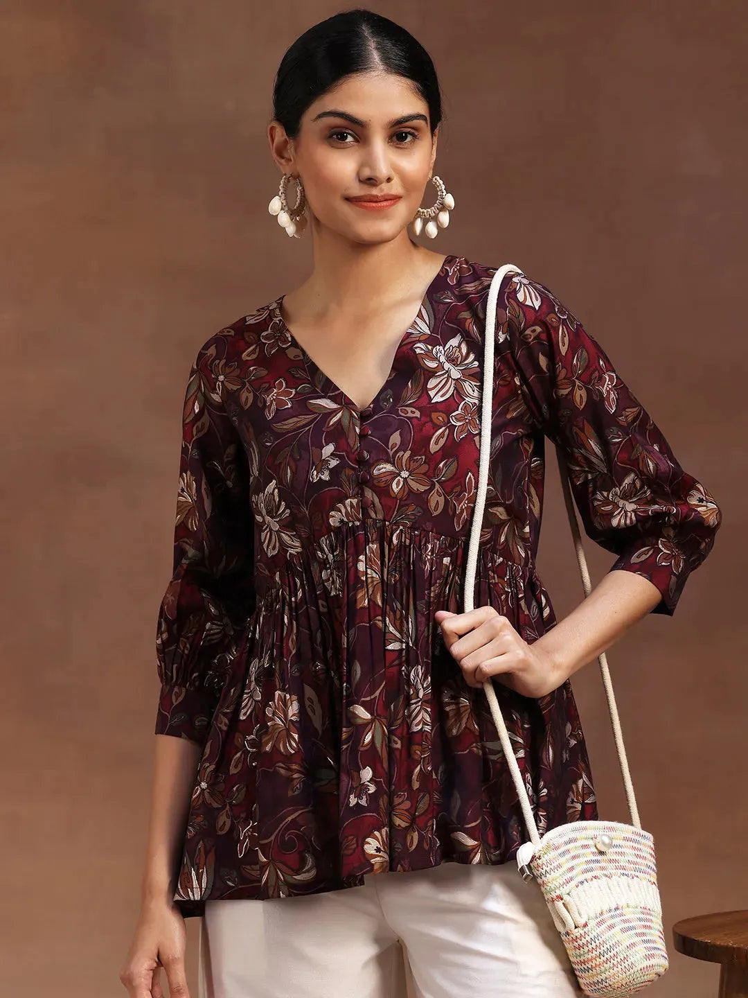  Wine Printed Silk Blend A-Line Kurti 