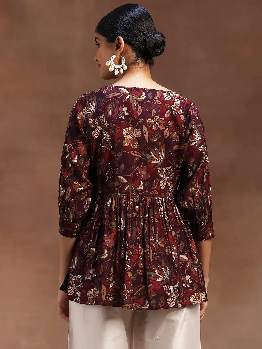  Wine Printed Silk Blend A-Line Kurti 