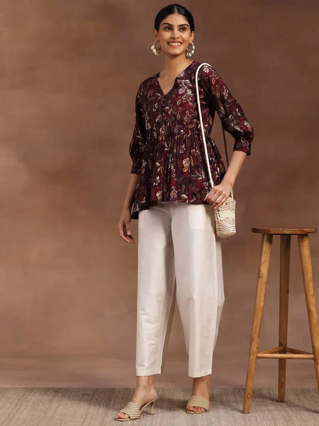 Wine Printed Silk Blend A-Line Kurti 