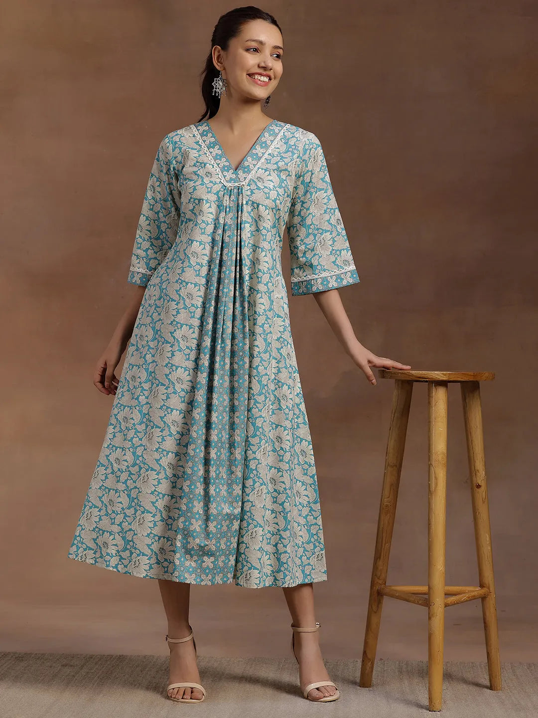  Blue Printed Cotton A-Line Dress 