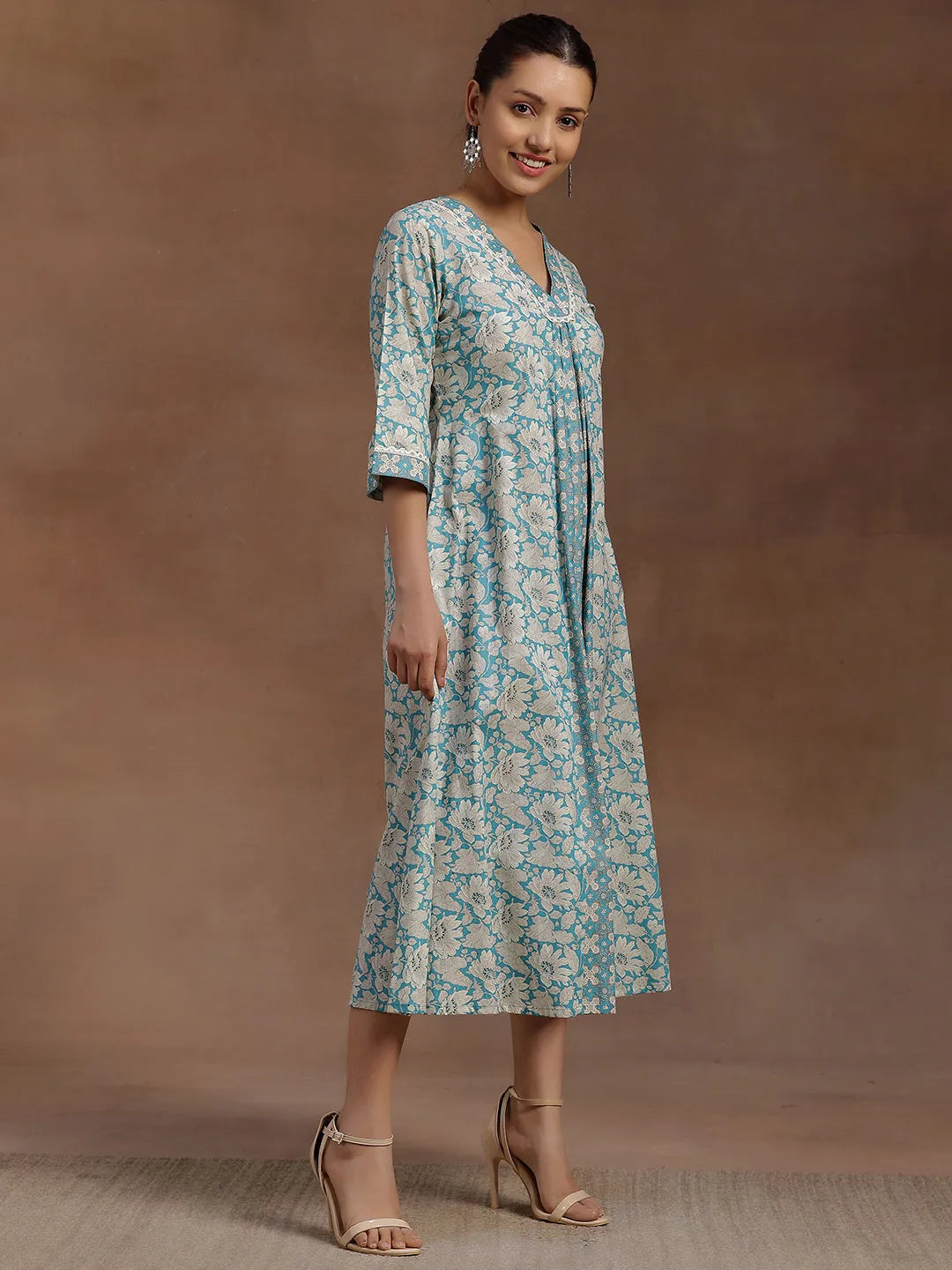  Blue Printed Cotton A-Line Dress 