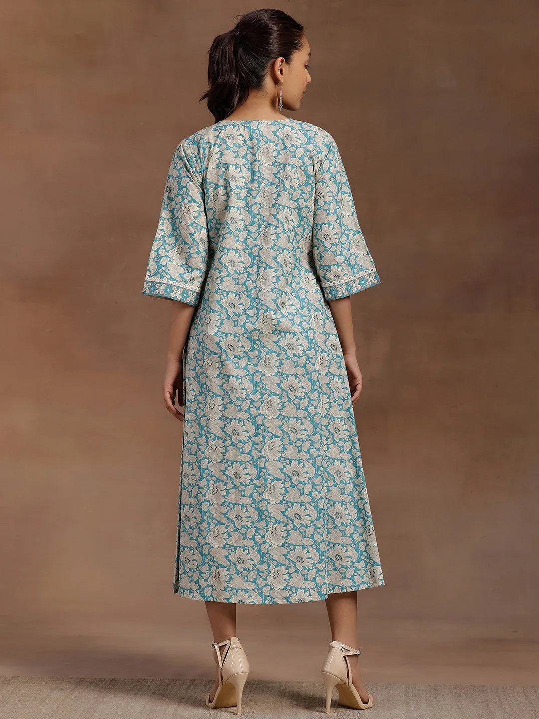  Blue Printed Cotton A-Line Dress 
