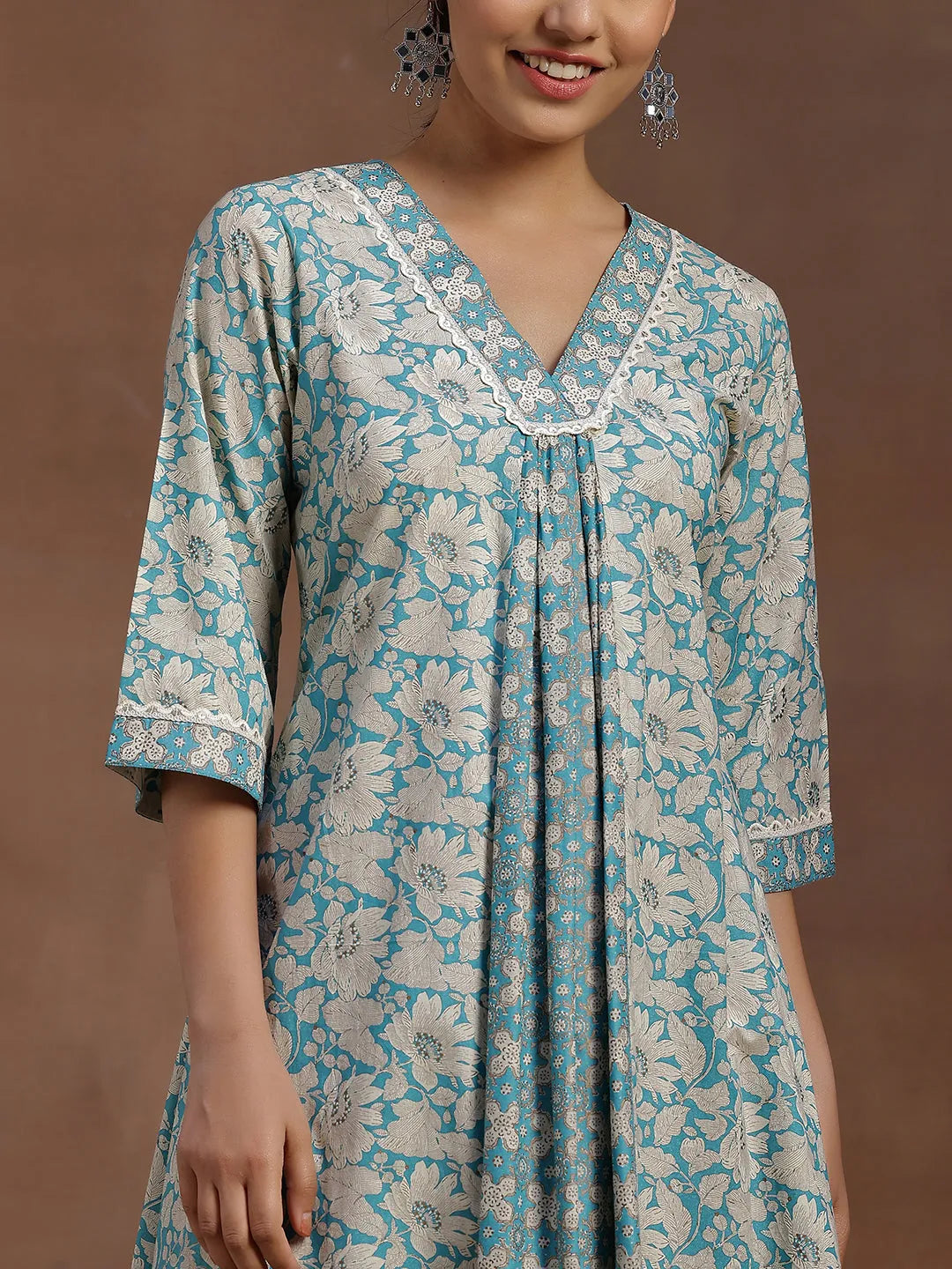  Blue Printed Cotton A-Line Dress 