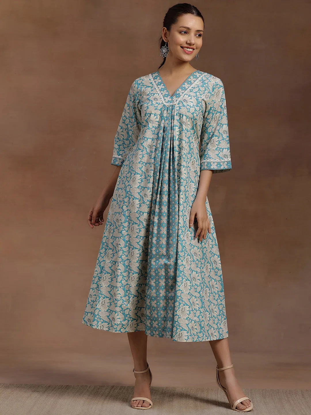 Blue Printed Cotton A-Line Dress 