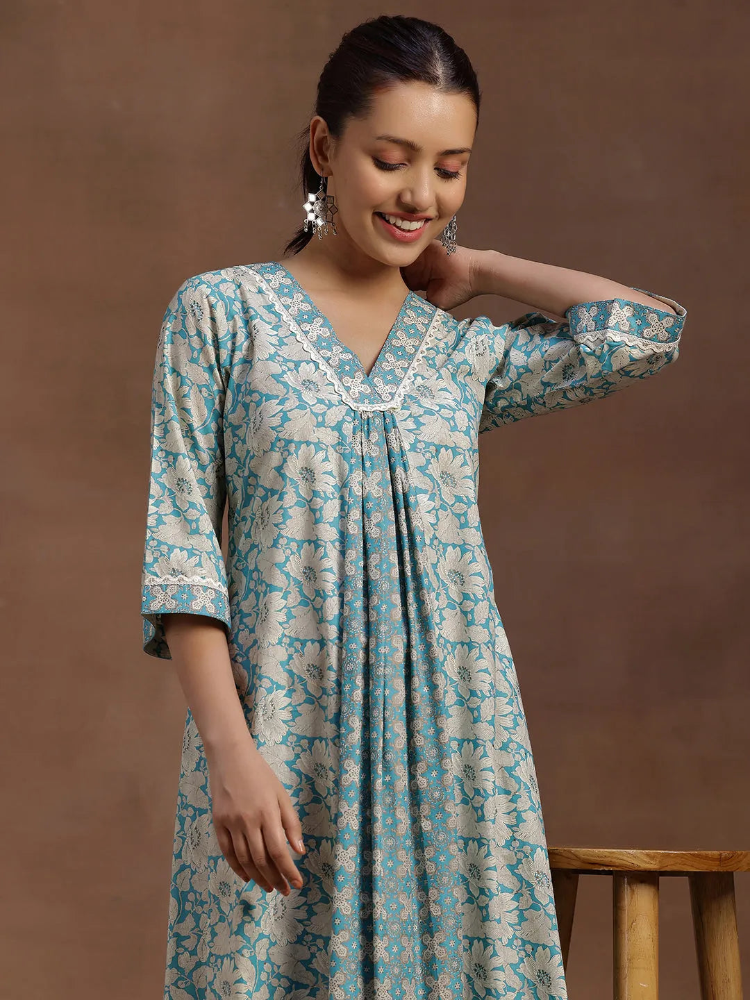  Blue Printed Cotton A-Line Dress 
