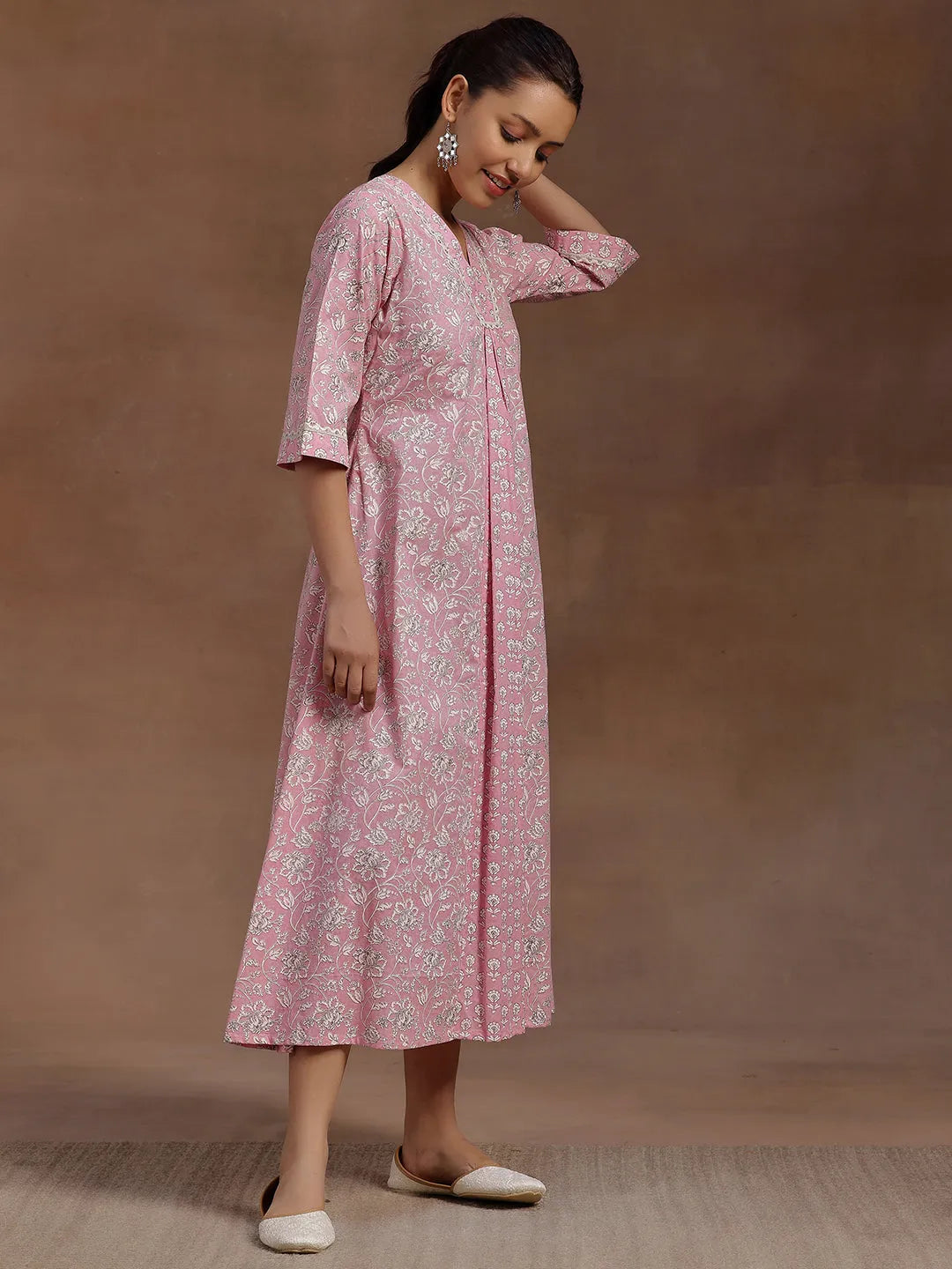  Pink Printed Cotton A-Line Dress 