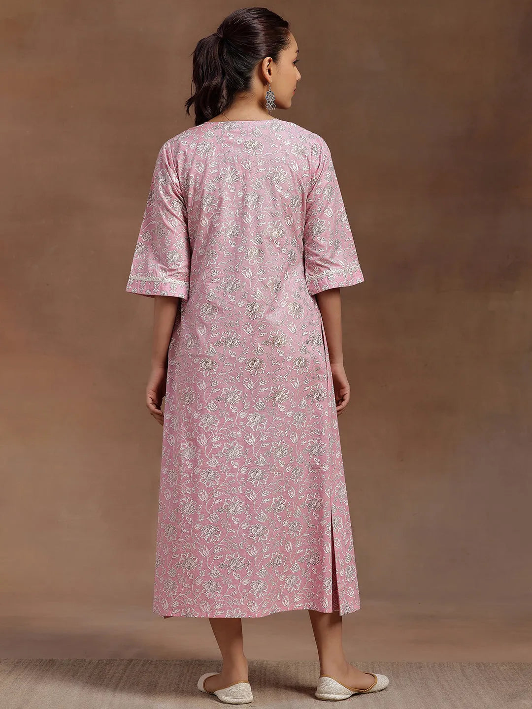  Pink Printed Cotton A-Line Dress 