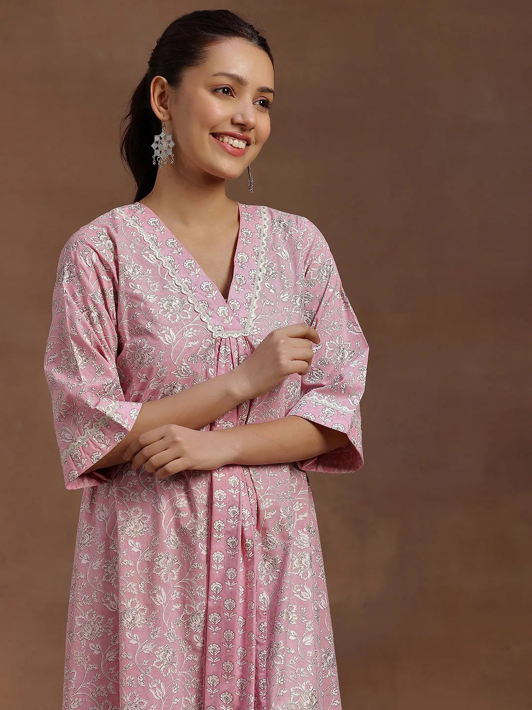  Pink Printed Cotton A-Line Dress 