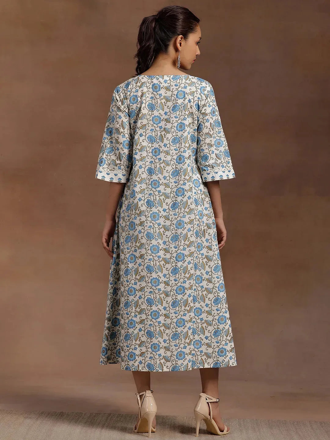  Blue Printed Cotton A-Line Dress 