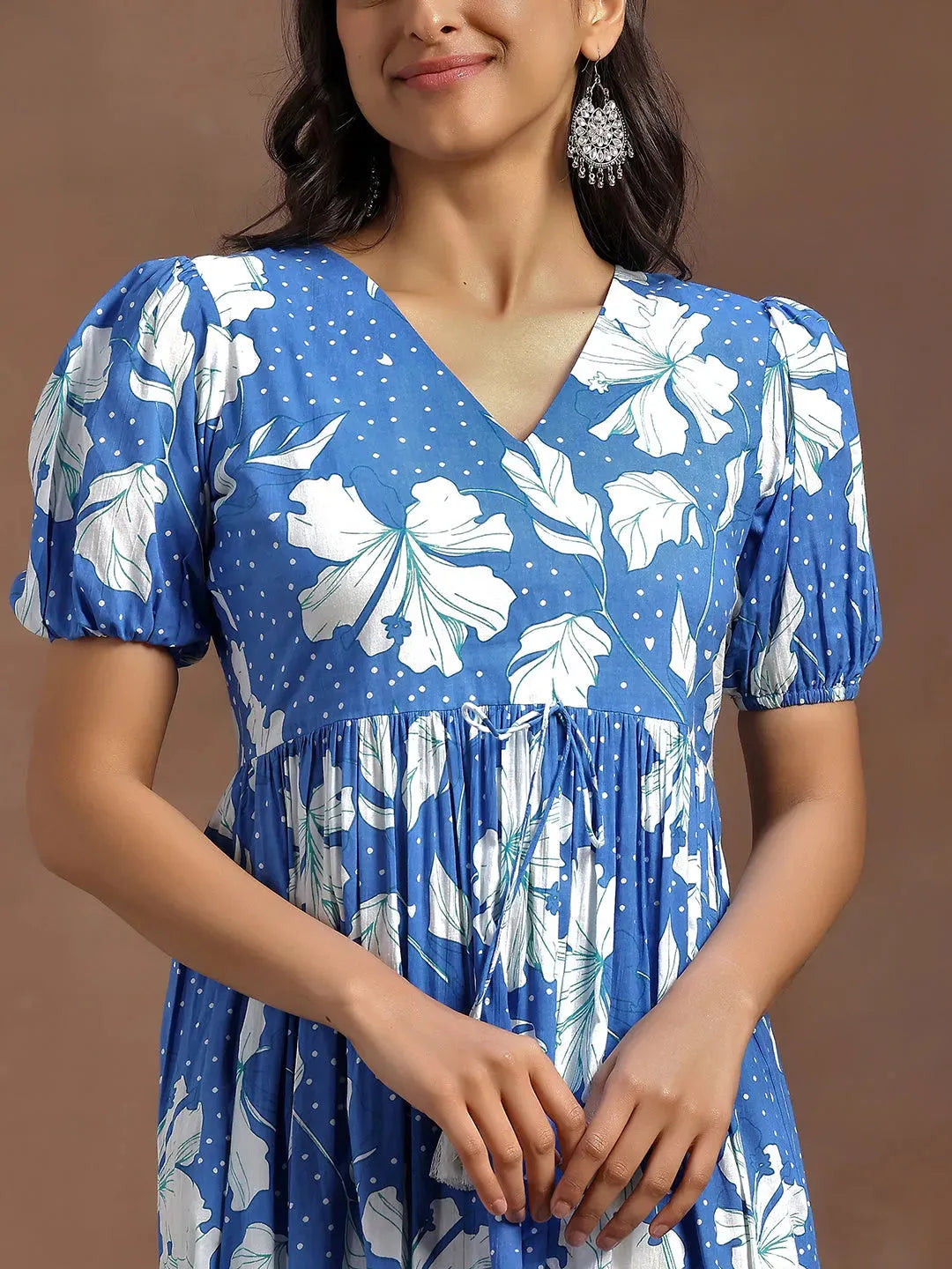  Blue Printed Cotton Fit and Flare Dress 