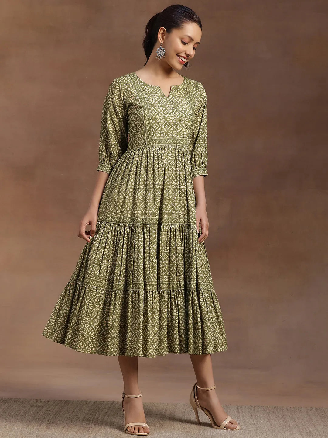  Green Printed Cotton A-Line Dress 