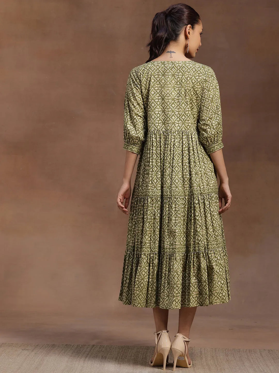  Green Printed Cotton A-Line Dress 