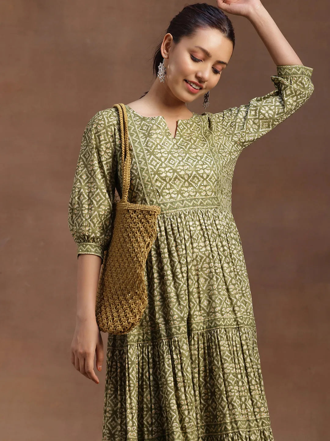  Green Printed Cotton A-Line Dress 